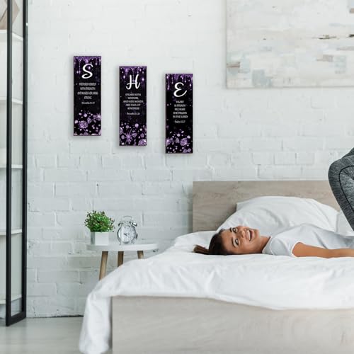 ZONWUTHY 3 Pcs Purple Silver Wall Decor Diamond Bedroom Decor For Women With Religious Black And Purple Bathroom Accessories Office Sign for Home Kitchen Office Wall Decoration 12x4 Inches - color: Purple