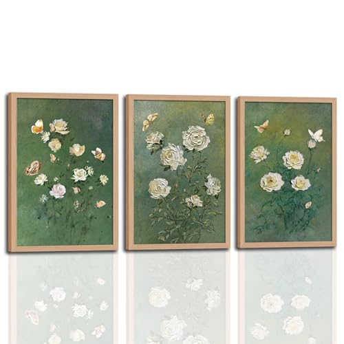 3Pcs Vintage Botanical Flower Framed Canvas Wall Art Abstract Green Floral Butterfly Painting Prints Poster, Rustic Cottage Garden Picture Decor for Living Room Bedroom Bathroom Home 16x24in - color: Abstract Green Floral Butterfly, size: 16x24 Inches