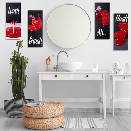 Chinco 4 Pcs Women Funny Wall Art Bathroom Decor 9.84 x 3.94 x 0.2 Inch Glam Bathroom Wall Decor Modern Women Funny Bath Wood Hanging Decoration for Home(Red) - color: Red