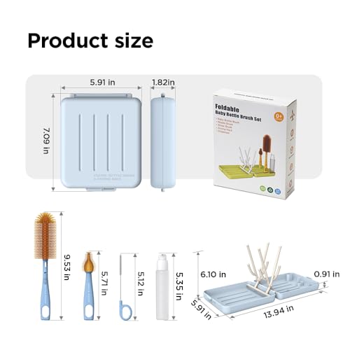 YOTIME Travel Bottle Brush, Travel Bottle Cleaner Kit with Foldable Bottle Drying Rack, for Visit Friends and Relations, Baby Travel Essentials, BPA Free, Blue - color: Blue