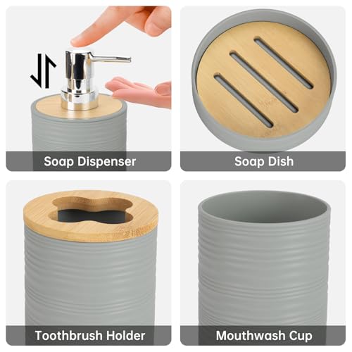 4 Pieces Bamboo Bathroom Accessories Set, Bathroom Accessory Set with Soap Dispenser and Toothbrush Holder, Soap Dish and Toothbrush Cup, Boho Bathroom Decor(Grey) - color: Grey