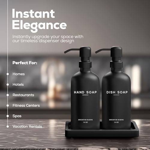 Black Glass Hand and Dish Soap Dispenser Set by Brighter Barns - Kitchen Soap Dispenser Set with Tray for Home, Airbnb, Vacation Rental, Gift - Minimalist Home Decor, Modern Kitchen Decor (Black) - color: Black Hd