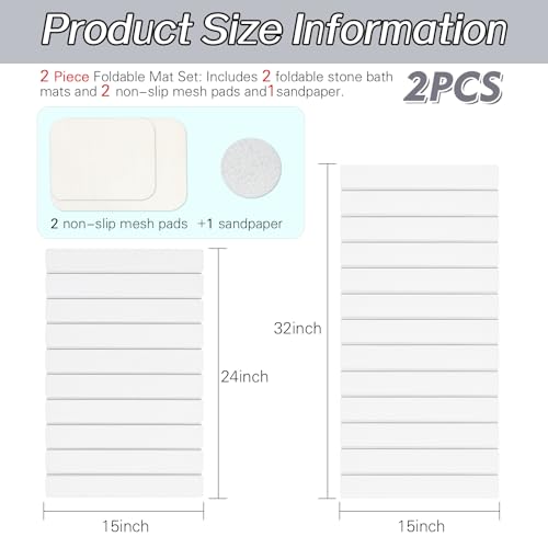 2 Pack Foldable Stone Bath Mats, White Super Absorbent Diatomaceous Earth Bath Rug, Non-Slip Shower Mat, Quick-Drying Bath Rug and Drying Mat for Tub and Shower - color: White, size: 15×24" + 15×32" Rug + 2 × Non-slip Mat