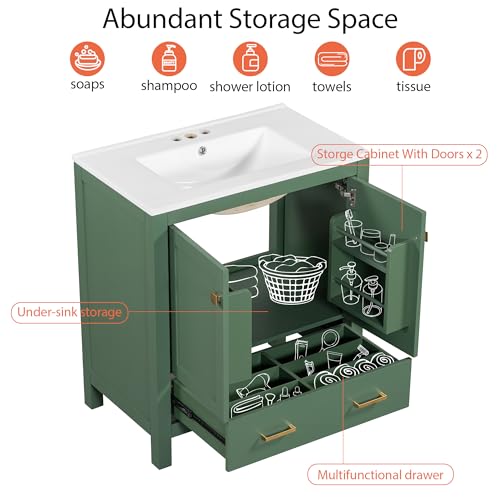 Linique 30" Modern Bathroom Vanity with Sink Combo Set, Solid Wood Frame Bathroom Storage Cabinet with 2 Soft Closing Doors and a Drawer, Multifunctional Storage, Green - color: Green