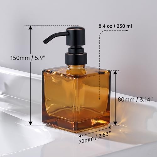 Square Bathroom Soap Dispenser Amber Bottle with Oil Rubbed Bronze Pump, Retangle Cube 8.4 oz Glass Bottles with Stainless Steel Pump Hand Liquid Soap Dispenser Kitchen - color: Amber and Oil Rubbed Bronze Pump, size: 8.4oz-Square