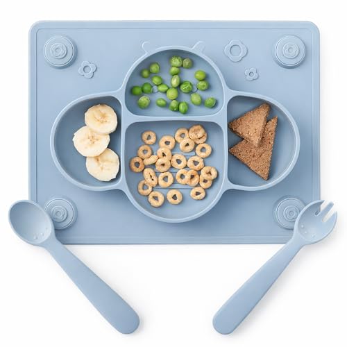 ROCCED Suction Plates for Baby placemat Spoon Fork Set for Toddlers, Silicone Baby Plates with Suction Baby Dishes for Kids Plates-Dusty blue - color: Dark Blue