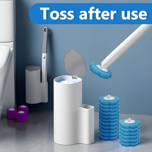 2 Pack Disposable Toilet Brush and Holder Set, Disposable Toilet Cleaning System Extended Handle with 48 Toilet Wand Refills, Toilet Brush for Toilet Bowl Cleaners, Bathroom Cleaning, Bathtub - size: 2 set gray and white + 48 refills