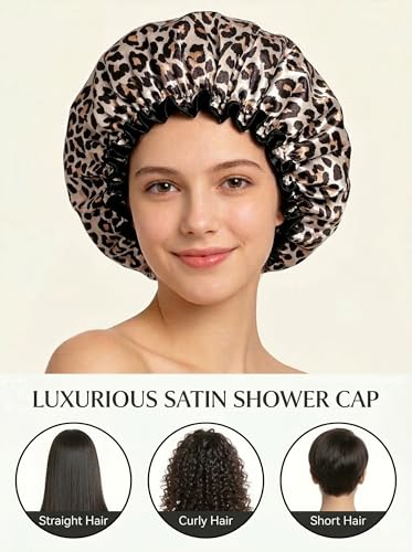 Aquior Shower Cap, Reusable Waterproof Leopard Print Hair Cap,Dual Layer Large Ruffle Edge for Long Hair, Ideal for Shower, Skincare, Cooking, Spa and Travel Use