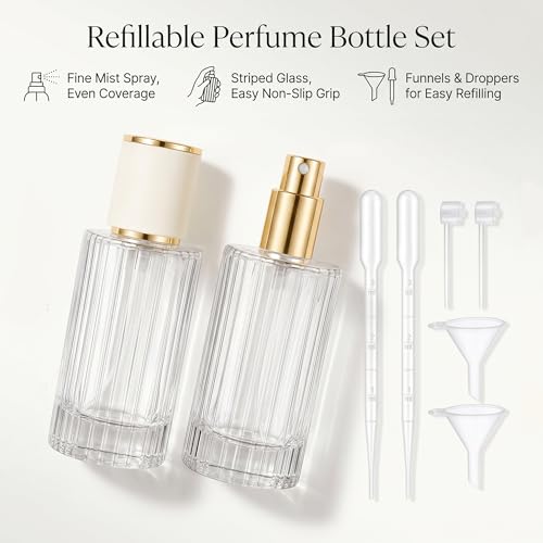 YU FENG 2 Pack 100ml Glass Perfume Spray Bottles, Gold Rim Atomizer | Vertical Striped Texture, Gold Sprayer With Cream Cap, Stylish Refillable Bottle, Fine Mist Spray For Perfume And Oils - style: Gold-Trim Cream Cap-2