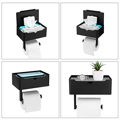 Matte Black Toilet Paper Holder Tissue Roll Hanger with Shelf Flushable Wipes Dispenser Storage Box Large Stainless Steel Bathroom Lavatory Hardware Wall Mount Adhesive