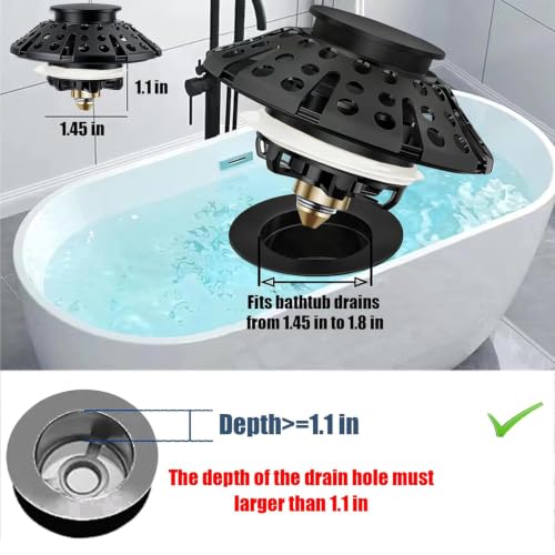 AzWzz Bathtub Drain Stopper, Pop Up Tub Stopper Plug with Bathtub Drain Hair Catcher Cover, Universal for 1.45 in to 1.8 in Tub Drain, Matte Black - color: Matte Black, style: Tub Drain Stopper with Hair Catcher