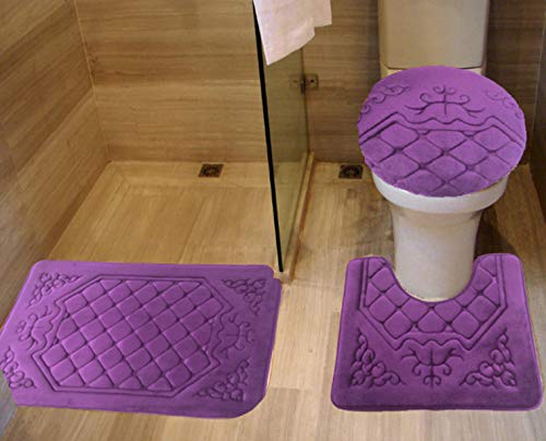 All American Collection 3PC Memory Foam Bath Mats Soft Plush Crown Design Anti-Slip Shower Bathroom Contour Toilet Lid Cover Rugs (Purple) - color: Purple