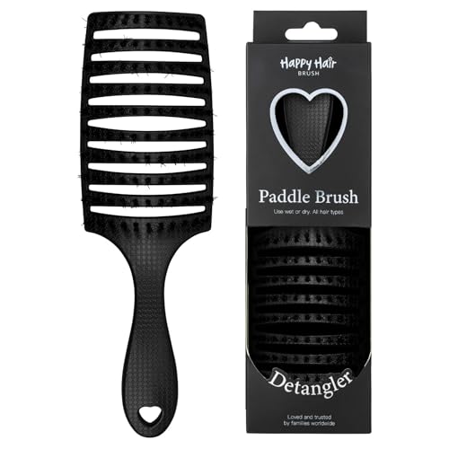 HAPPY HAIR BRUSH Happy Detangler Paddle Brush with Boar Bristles & Nylon Pins | Designed by Women to Detangle & Smooth Thick, Fine or Curly Hair | Pain-Free Slick Back Brush, Ultra Lightweight (Black) - color: Black