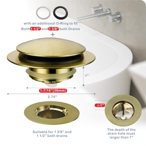 HIDROP Brushed Gold Pop Up Bathtub Stopper, Universal Tub Drain Stopper | Brass Tub Stopper, Fit 1-1/2" and 1-3/8" Tub Drain, Tip Toe Bathtub Drain Stopper, Tub Plug Replacement, EZ Installation - color: Gold