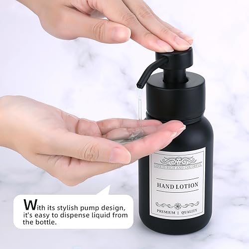 Black Glass Soap Dispenser Wall Mount for Bathroom with Pump and Drill-Free Holders - 8.5 Oz Hand Soap Dispenser, Shower Dispenser with Waterproof Labels | Heavy-Duty & Rust-Proof: Stainless steel pump & bracket, thick glass bottle, leak-resistant & smoot