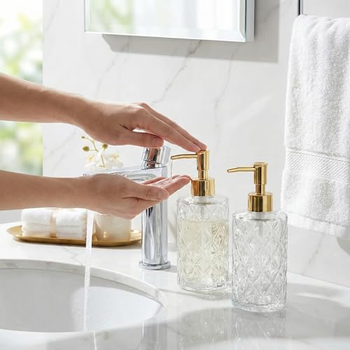 BOPPIE Ribbed Glass Soap Dispenser, Modern Countertop Hand & Dish Soap Dispenser for Bathroom/Kitchen, Refillable Liquid Soap Bottle with Rust Proof Pump Set of 2 (Clear Glass) - color: Clear Glass