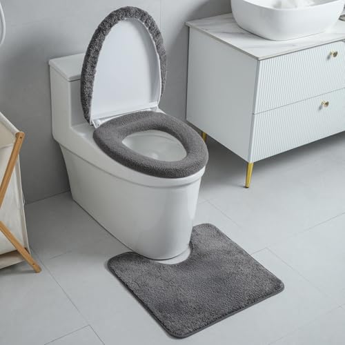 3piece Toilet Seat Cover Set - Toilet Seat Cover +Toilet Lid Cover + toilet rugs u shaped washable, Fits Most Elongated Round and Oblong Toilet(Machine Washable,Quick-Dry) grey - color: Gray
