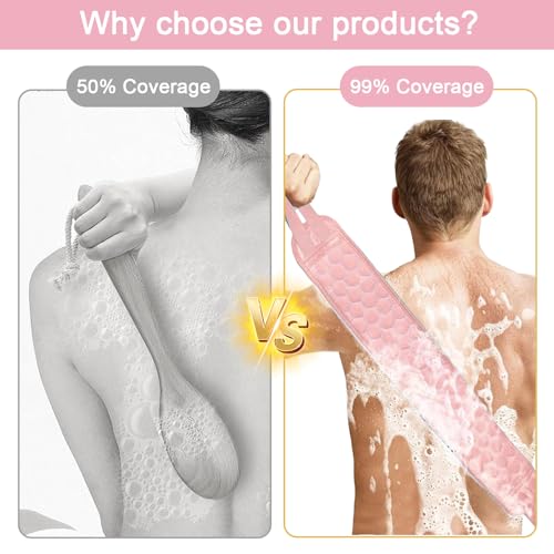3 Pcs Exfoliating Bath Set with Back Scrubber Strap Shower Glove and Loofah Sponge for Deep Body Cleaning and Full Body Exfoliation(Pink) - color: Pink