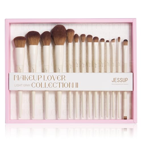 Jessup Makeup Brushes 14Pcs Makeup Brush Set Premium Synthetic Powder Foundation Contour Blush Concealer Eye Shadow Blending Liner Make Up Brush Kit Light Grey with Gift Box, T329-G - color: H-Light Grey Gift, size: Full Brush Set