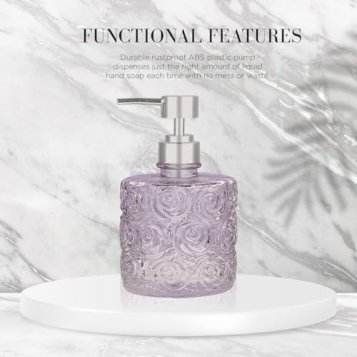 Marcella Glass Soap Dispenser with Soap Pump, Refillable 14 Ounce Capacity, Floral Design Rose Patterns, Heavy Weight Thick Glass for Bathroom, Premium Kitchen Soap Dispenser Lavender - color: Lavender Frost
