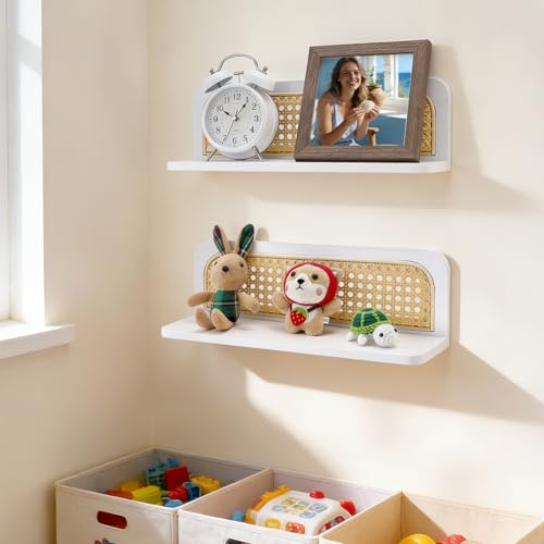 PH PandaHall 2 Sets Boho Rattan Floating Shelves Rattan Wall Shelf, White Wood Boho Shelf Decor Floating Book Shelves for Bathroom Kitchen Bedroom Living Room Classroom, Plant Figurines Display