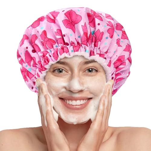 Aileam Pink Bow Shower Cap for Women, Terry Lined Bath Cap Large Reusable Waterproof Shower Hair Cap for Long Thick Hair - color: Bow