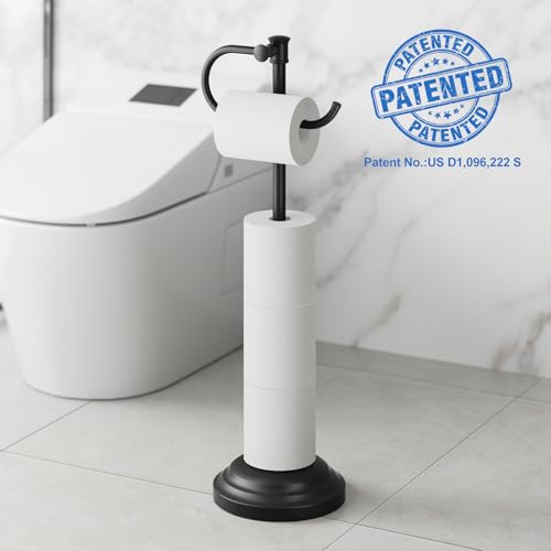RUMOSE Toilet Paper Holder Stand for Floor, Matte Black Bathroom Free Standing Toilet Tissue Roll Holder with Storage, Adjustable 17-25 Inch, SUS304 Stainless Steel - color: Matte Black
