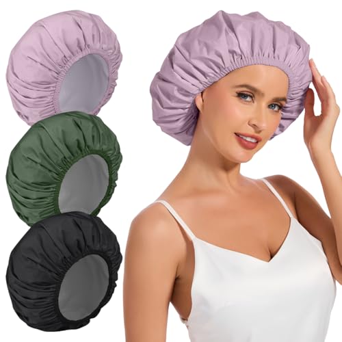 3 Pack Waterproof Reusable Shower Cap for Women, Hair Cap for Long Thick Hair, Lightweight Bath Hat for Daily Use - color: A05-Purple+Green+Black