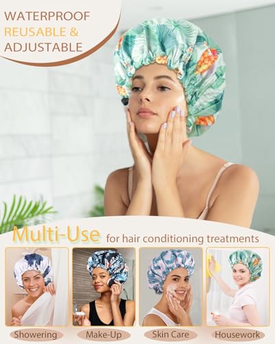 Luvruitaky Large Shower Caps for Women Reusable Waterproof Satin Lined Shower Cap with Adjustable Band Double Layer Design Luxury Washable Bath Hair Bonnet (Pineapple Palm) - color: Pineapple Palm