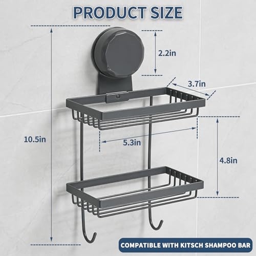 Shampoo Bar Holder Compatible with Kitsch, 2-Tier Self-Draining Shower Caddy with Suction Cup, Hanging Shampoo Bar and Conditioner Organizer with 2 Hooks, Rust-Free Bathroom Wall Accessories