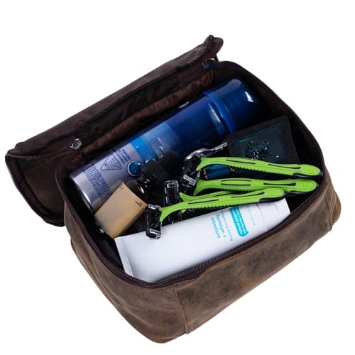KomalC Leather Toiletry Bag For Men & Women, Handcrafted Travel Kit, Water-Resistant Shaving Bag For Men Travel, Premium Rustic Toiletry Pouch with Zipper Closure (1 Zip Hunter) - style: 1 Zip Hunter