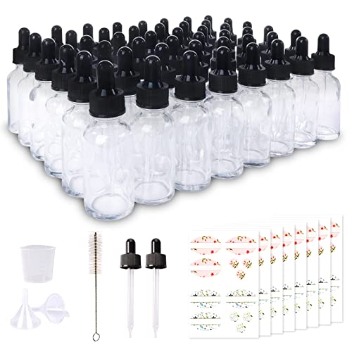 48 Pack 1oz Clear Glass Bottles with Glass Eye Droppers for Essential Oils, Perfumes & Lab Chemicals (Brush, Funnels, 2 Extra Droppers, 54 Pieces Labels & 30ml Measuring Cup Included) - color: Clear-48pack