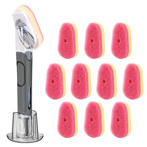 Soap Dispensing Replacement Dish Brush Storage Set with 10 PCS Sponge Refills & Holder - RIMAY Dispenser Scrub Cleaning Scrubber Kitchen Dishwashing Dish Wand Handle for Dishes/Pans/Pots/Sink(Pink) - color: Pink