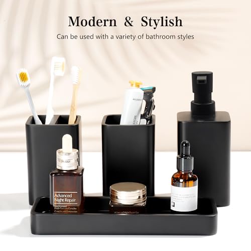 YMXYJM Bathroom Accessories Set, 4 Pcs Bathroom Accessory Set, Soap Dispenser, Toothbrush Holder, Qtip Holder Set, Bathroom Sets Complete, Bathroom Sink Set for Modern Home,Matte Black - style: Matte Black