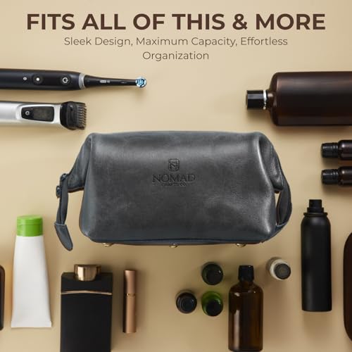 NomadCraftsCo. Premium Leather Travel Toiletry Bag for Men and Women, King-Size Dopp Kit with Waterproof Lining, Mens Toiletry Travel Bag - color: Charcoal Grey