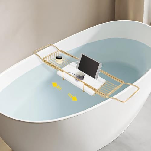 Expandable Bathtub Tray Caddy Shelf with Marble Table Mobile/Tablet Stand, Luxury Bath Tub Tray Rack, Bathroom Home Spa Shower Accessories Perfect Relaxing Spa Gifts for Women and Towel - color: Gold Rack+white Marble Board