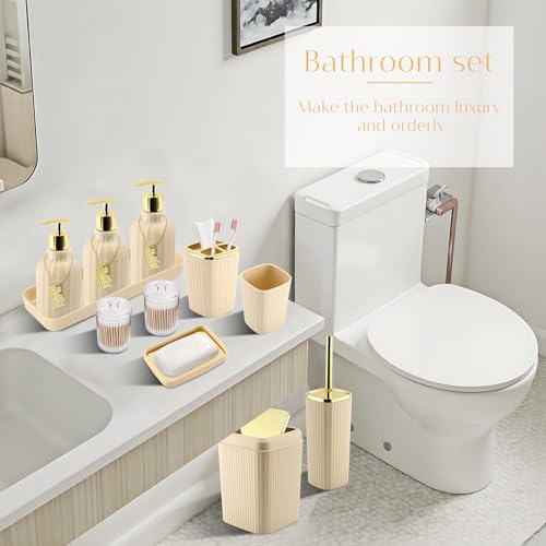 17PCS Bathroom Accessory Set Bathroom Set Beige Bathroom Accessories,Toilet Brush, Trash Can, Qtip Holder Dispenser& 3PCS Soap Dispenser - size: Bath Set with Swing-Top Trash Can, style: Beige