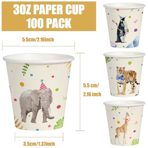 WRAPAHOLIC 3oz Paper Cups - 100 Pack Disposable Bathroom Cups with Birthday Giraffe, Penguin, Tiger and Elephant Design, Small Mouthwash Cup for Toothbrush Rinse, Home and Animal Birthday Party - color: Colorful Animal 4 Design