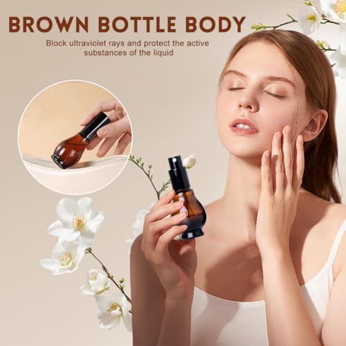 UPSTORE 2Pcs 100ml/3.4oz Amber Glass Lotion Pump Bottles Travel Size Pump Dispenser Cosmetics Containers Bottle Jar with Black Pump for Essential Oil Foundation Cream Shampoo