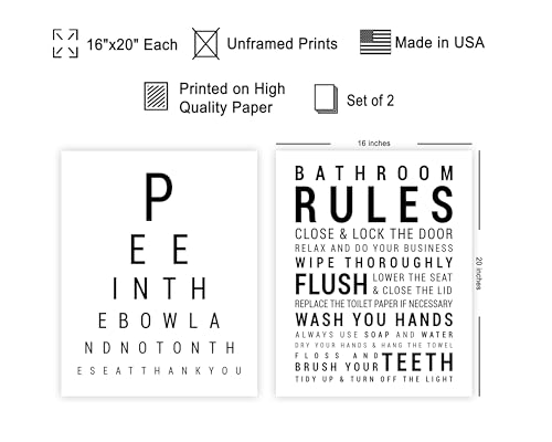 Poster Master 2-Piece Bathroom Sign Print - Eye Chart & Rules Poster - Humorous Guest Bath Decor - Minimal Typography Design - Powder Room Decor - Funny Restroom Sign - 16x20 UNFRAMED Wall Art - color: Style-01, size: 16"L x 20"W