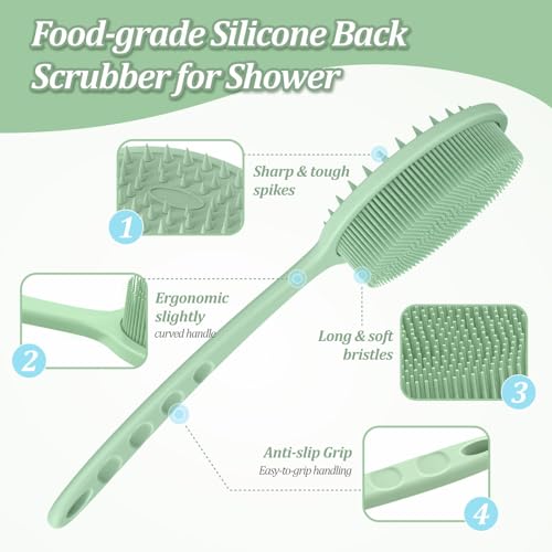Silicone Back & Body & Face Scrubber Set 3PCS, Gentle Exfoliating Back & Body Scrubber with Dual-Side Brush Head, Hygienic Silicone Loofahs with Soft Bristle and Non-Slip Handle(Green-3PC) - color: Green*3