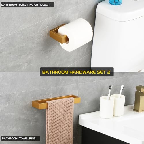 GERZWY Bathroom 2-Piece Accessory Set Gold Stainless Steel Toilet Paper Holder Towel Ring Wall Mount - color: Champagne Gold