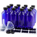 PINIWON 12 Pack 8 oz Cobalt Blue Glass Bottles, 240ml Boston Round Sample Bottles with Black Poly Cone Caps, Labels and Funnels - color: Cobalt Blue-12 pack