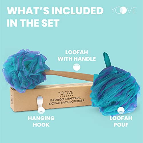 Yoove Bath Pouf with Handle - Body Scrubber Green Loofah for Women - Charcoal Infused Shower Loofah Sponge with Handle - Back Scrubber - Back Shower Sponge - style: Green