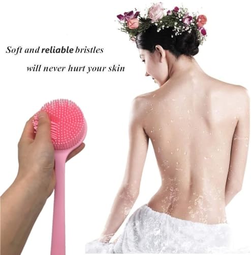 Long Handle Silicone Body Scrubber for Shower, Dual-Sided Back Scrubber Brush with Soft Bristles&Massage Nodes, Exfoliating Bath Brush for Hard to Reach Areas, Easy to Clean & Quick Dry, for Daily Use - color: Pink