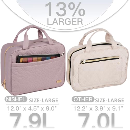 NISHEL Travel Toiletry Bag for women, Portable Hanging Organizer for Full-Sized Shampoo, Conditioner, Brushes Set, Makeup Accessories, Large Size, Peach Pink - color: Peach Pink, size: Large