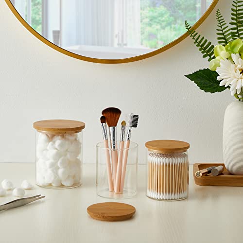 INIUNIK 6 Pack Glass Qtip Holder Dispenser with Bamboo Lid Apothecary Jars Cotton Ball Swab Holder Dispenser Bathroom Vanity Canisters Jars for Countertop Storage and Organization - size: 6 Pack