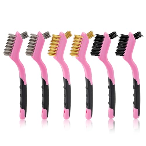 MAXMAN Wire Brush Set 6Pcs Small Wire Brushes Set, Stainless Steel/Brass/Nylon Bristles, Household Deep & Gentle Cleaning Brush, Scratch Brushes for Dirt, Paint Scrubbing, Rust Remover, Pink. - style: 6 PCS Brass/Stainless Steel/Nylon Bristles Pink