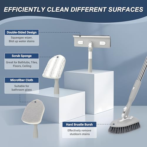 Tile Tub Floor Cleaner Scrubber With Long Handle - 5-in-1 Shower Brush Set for Bathroom, Kitchen, Walls, Sink - Includes Window Scraper and 3 Detachable No Scratch Heads