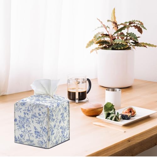 Vinatge Flroal Blue Tissue Box Cover Square, Floral Chinoiserie Tissue Box Holder Cube, Flower Decorative Japanese Style Holder for Home Bathroom Desktop Decoration 5.4x5.4x5.3 - color: Blue Floral
